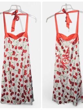 Dress Tells Women's White Dress Cherry Print Pin-up Size Medium Lace Up Back.
